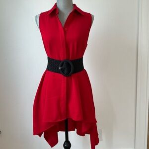Sharagano Red Asymmetrical Dress with Black Belt